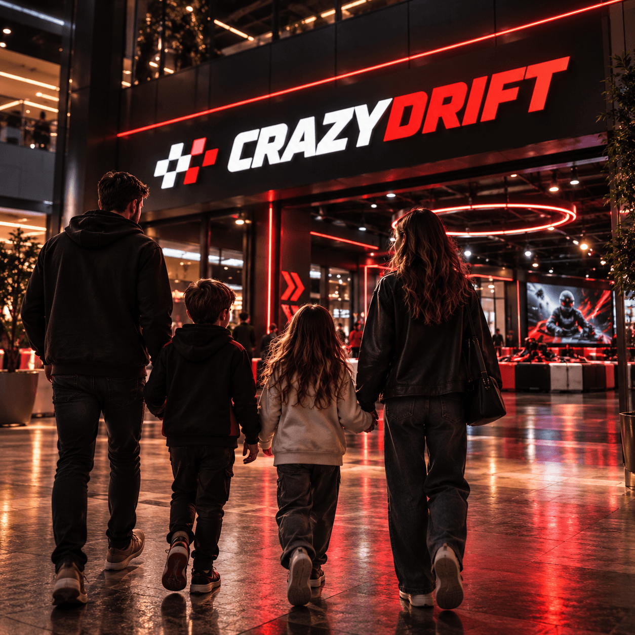 Семья направляется в развлекательный центр CrazyDrift
